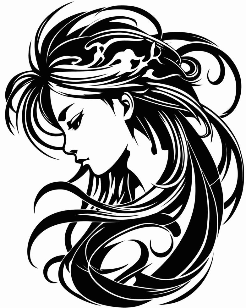 a black and white drawing of a woman with long hair vector