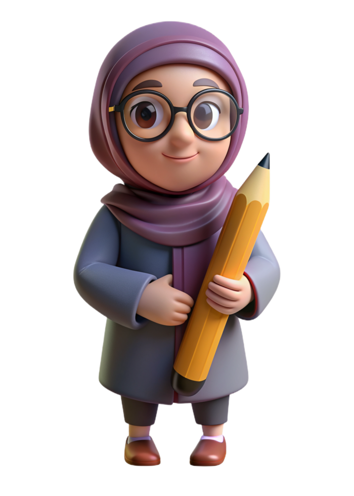 Hijab Girl with Big Pencil 3d png