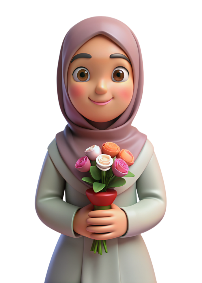 Female with Hijab Hold Flowers Bouquet 3d Render png