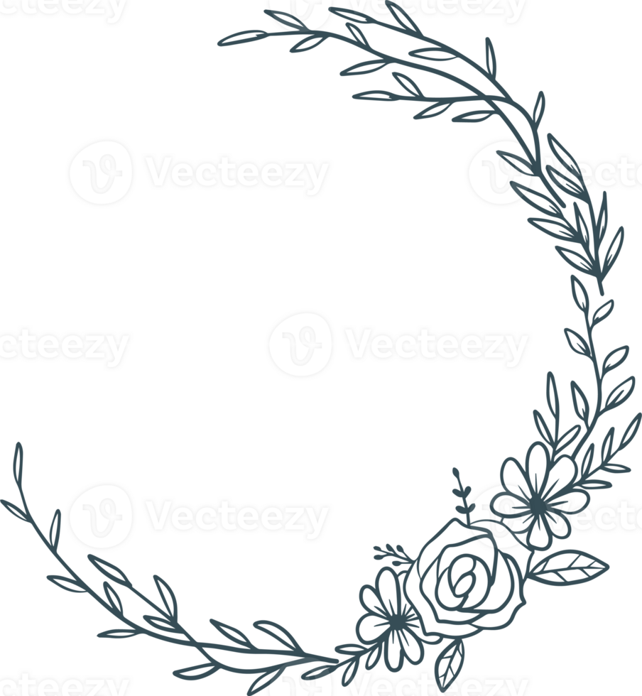 Round floral wreath frame with hand drawn flowers and leaves decoration png