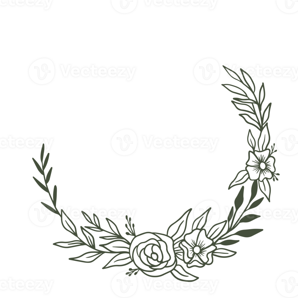 Round floral wreath frame with hand drawn flowers and leaves decoration png
