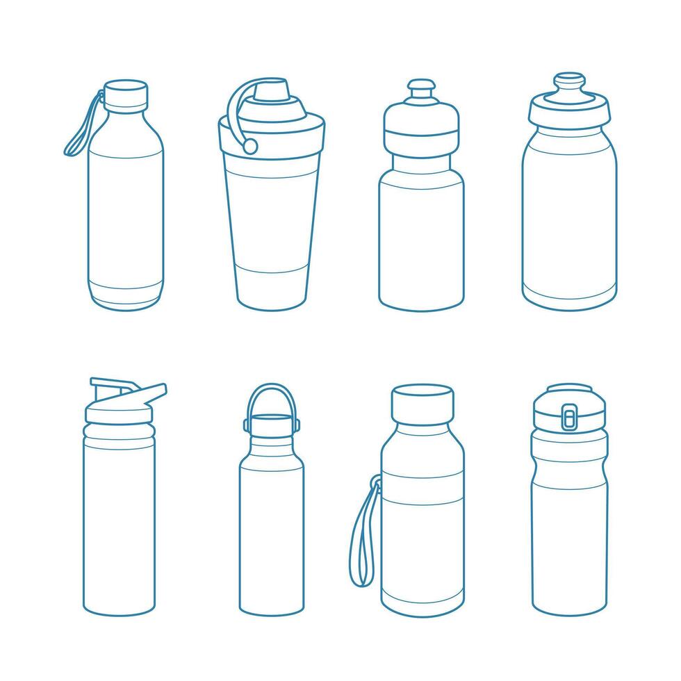 Design collection of refillable drinking water bottles outline illustration. Suitable for packaging sports drink bottles and energy drinks. vector