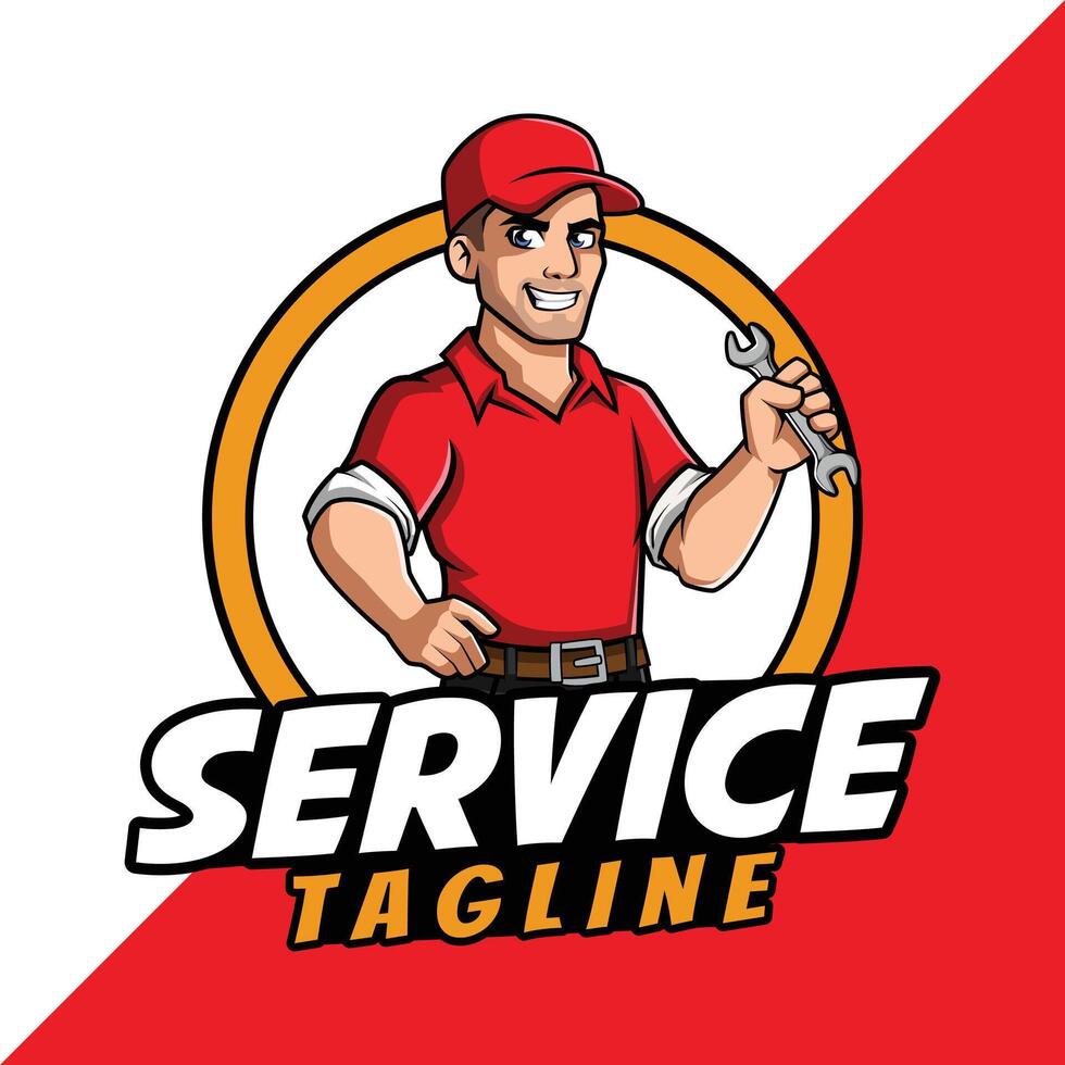 Mechanic Service Cartoon Mascot holding wrench template design vector
