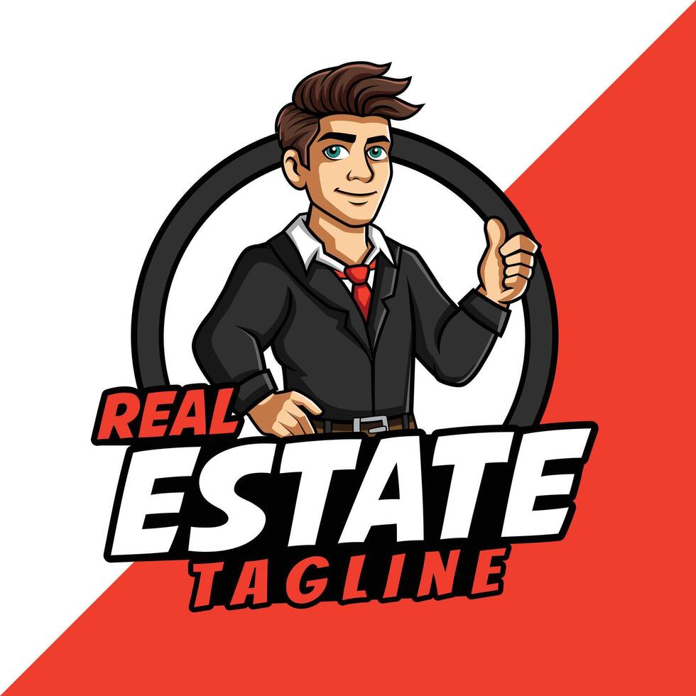 Real Estate Man Cartoon Mascot holding wrench template design vector