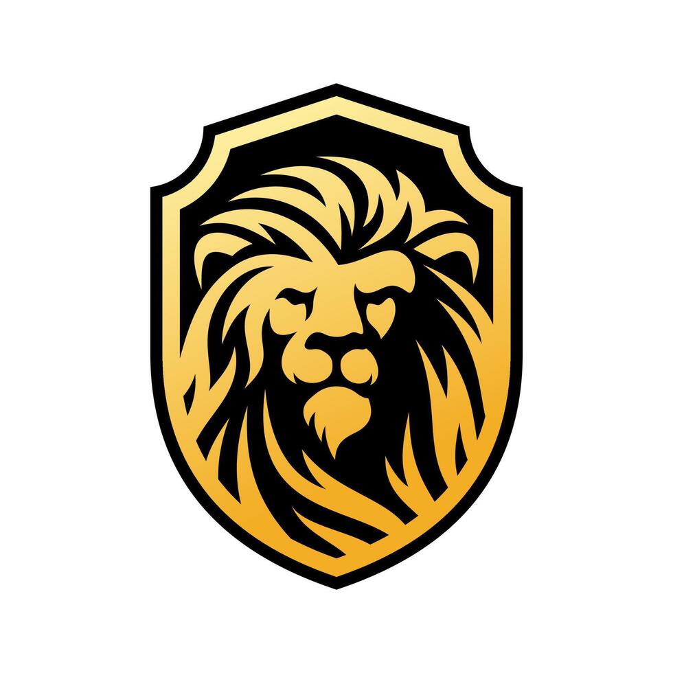 Lion shield logo design, lion head silhouette and shield crest heraldry icon vector