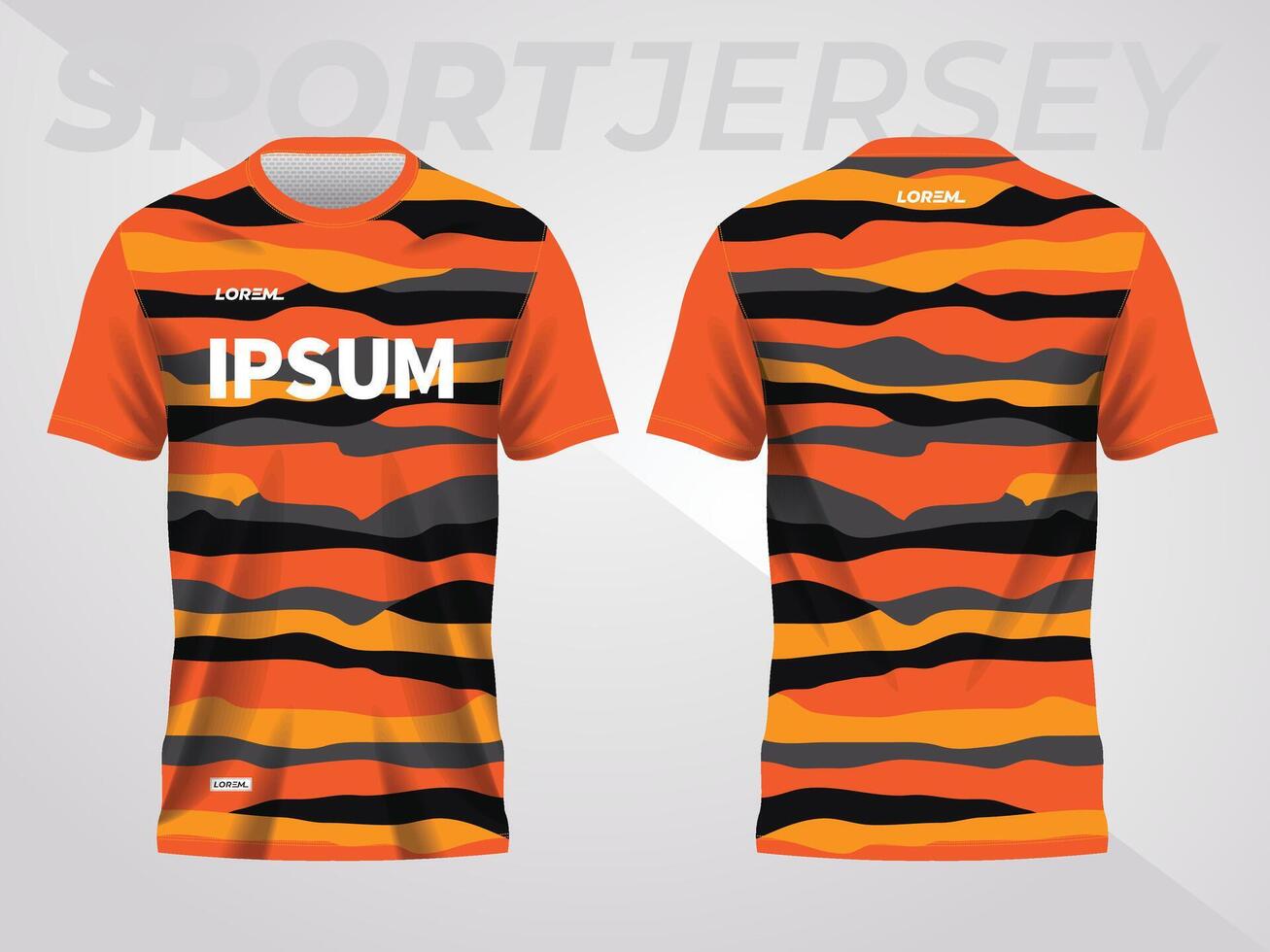 orange on dark background for sports jersey pattern. abstract color texture shirt front and back view mockup. vector