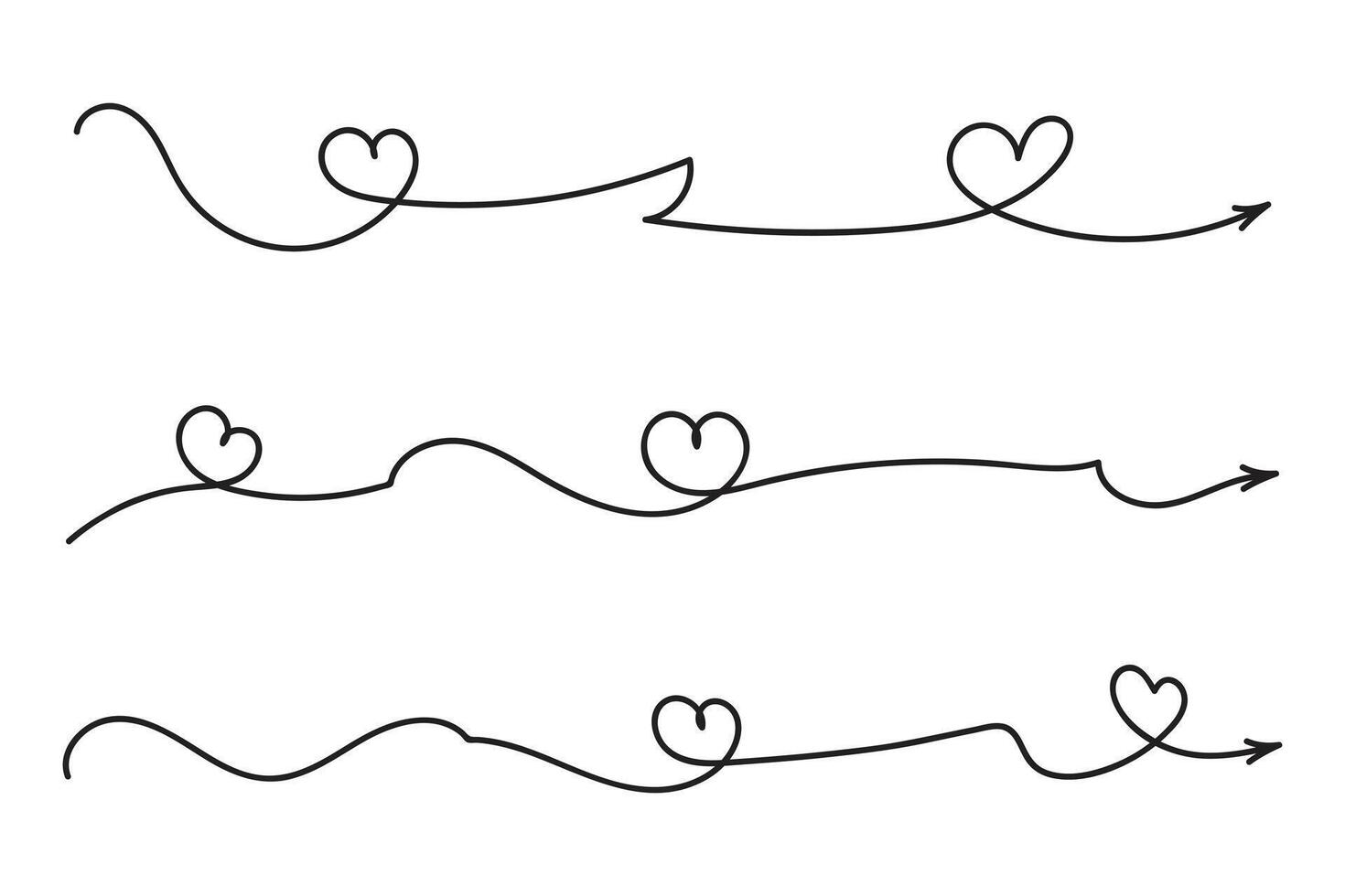 Hand drawn Thin continuous line lovely hearts style curved arrow , one line left right direction love sign with pen arrows, Minimalistic Outline single line way decorations decorative element vector