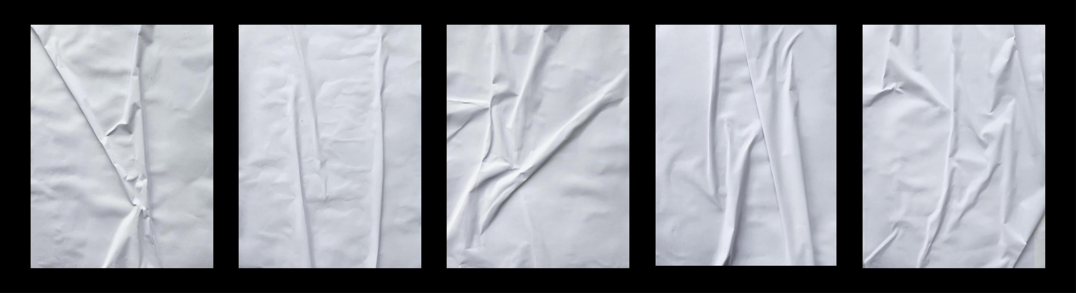 Set of blank white glued paper for poster texture overlay. Crumpled and wrinkled pattern for background. Collection of matted wet paper for mockup posters, flyer, brochure, and banner design photo