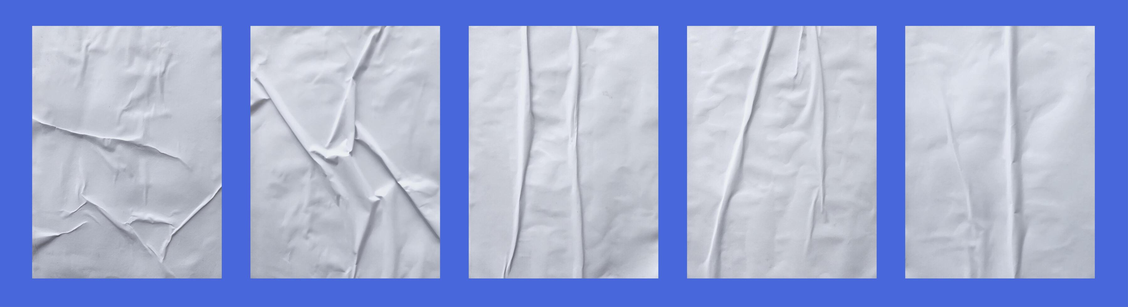 Set of blank white glued paper for poster texture overlay. Crumpled and wrinkled pattern for background. Collection of matted wet paper for mockup posters, flyer, brochure, and banner design photo