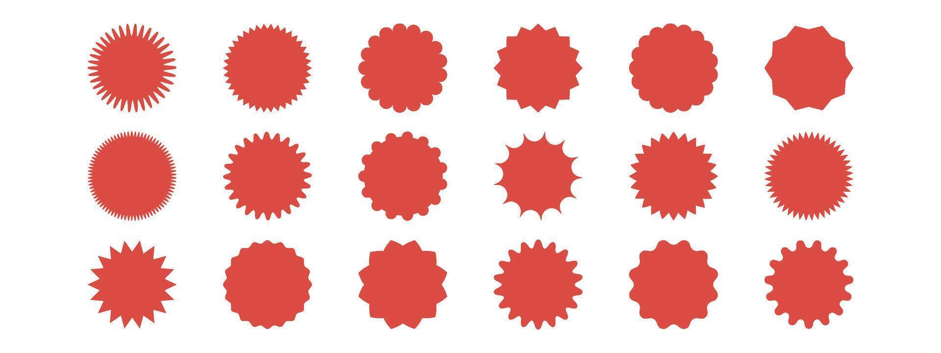 Set of red sunburst stickers. Price tags with zig zag, scallop, wavy edges. Kit of badges, stamps, labels, speech bubbles isolated on white background. vector