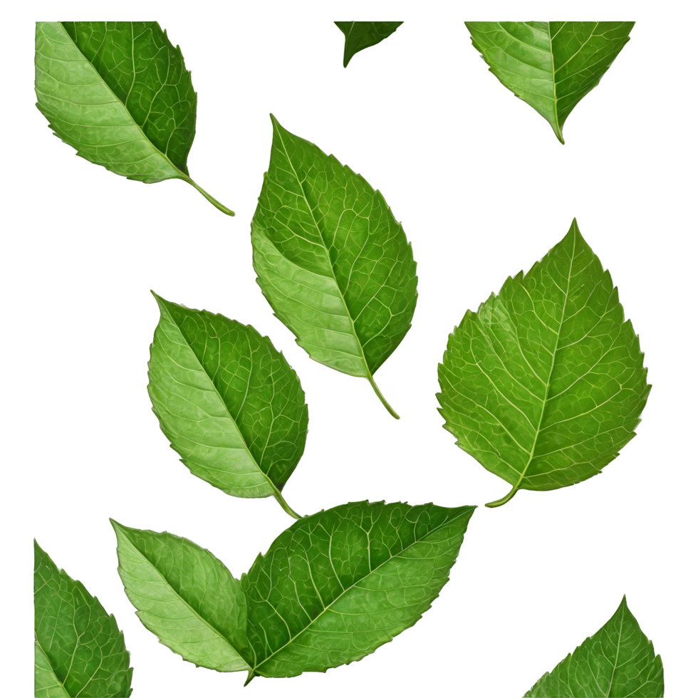 Flying green leaves on transparent background. Fresh spring foliage. Environment and ecology backdrop. Leaf isolated on transparent background cutout png