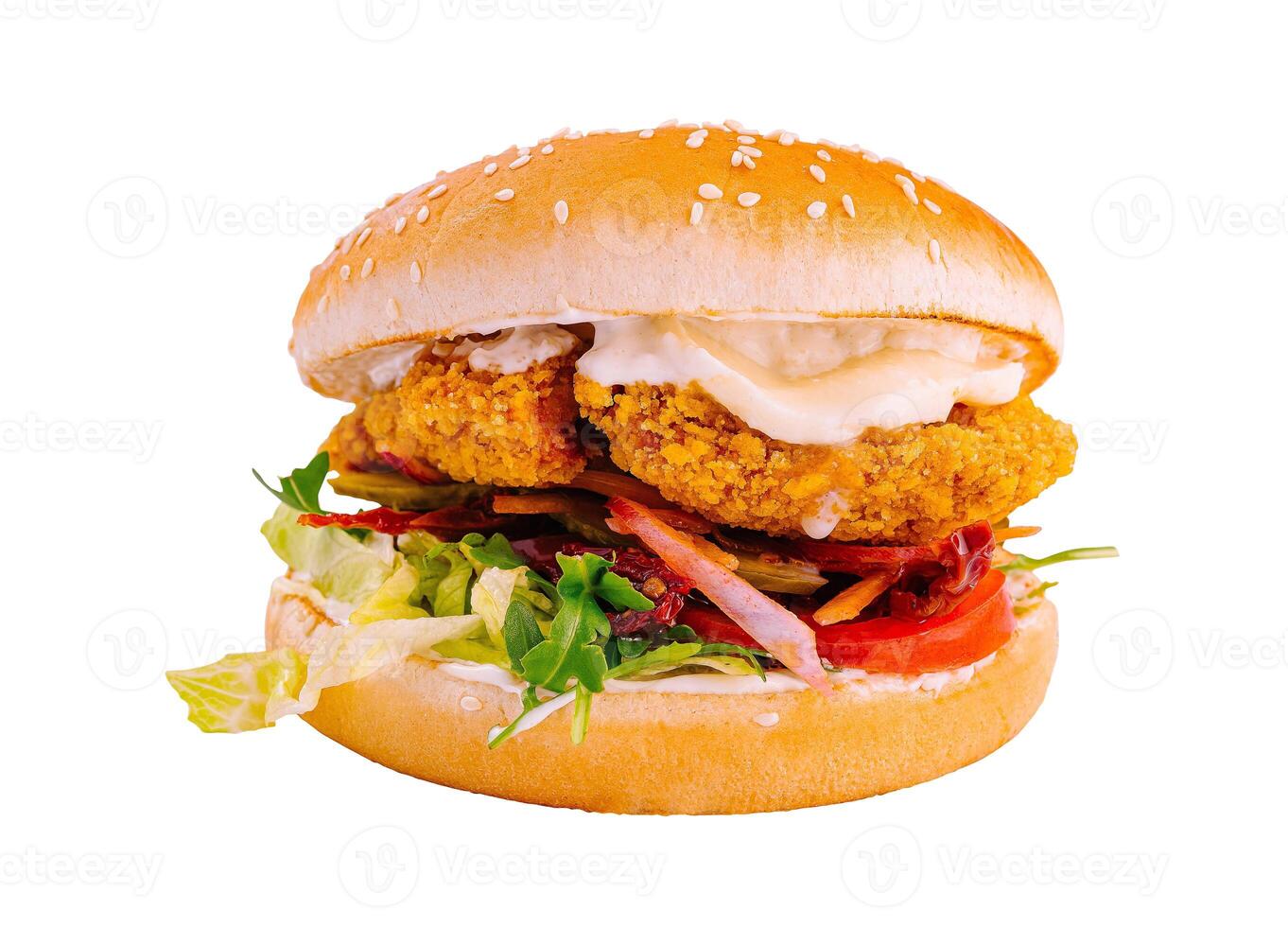 Crispy chicken burger isolated on white photo