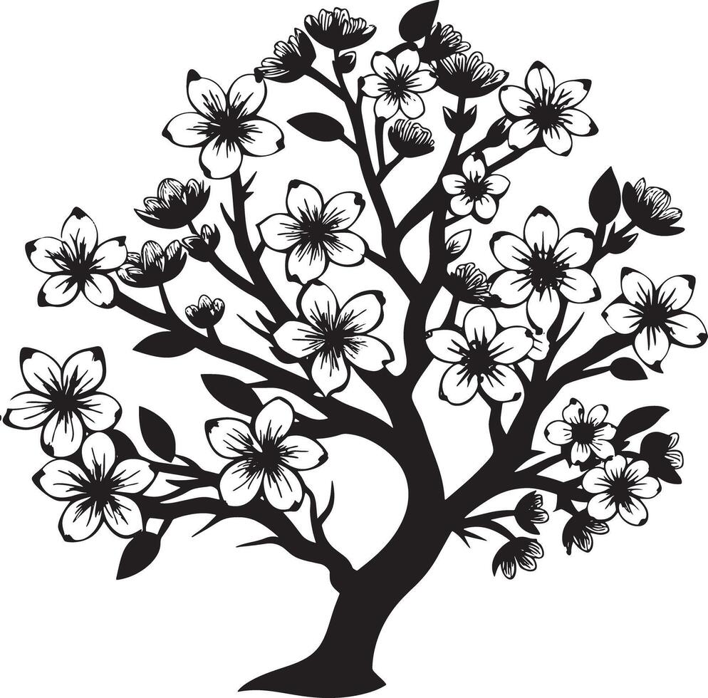 black silhouette illustration vintage Cherry Blossom , isolated design on white background, vector