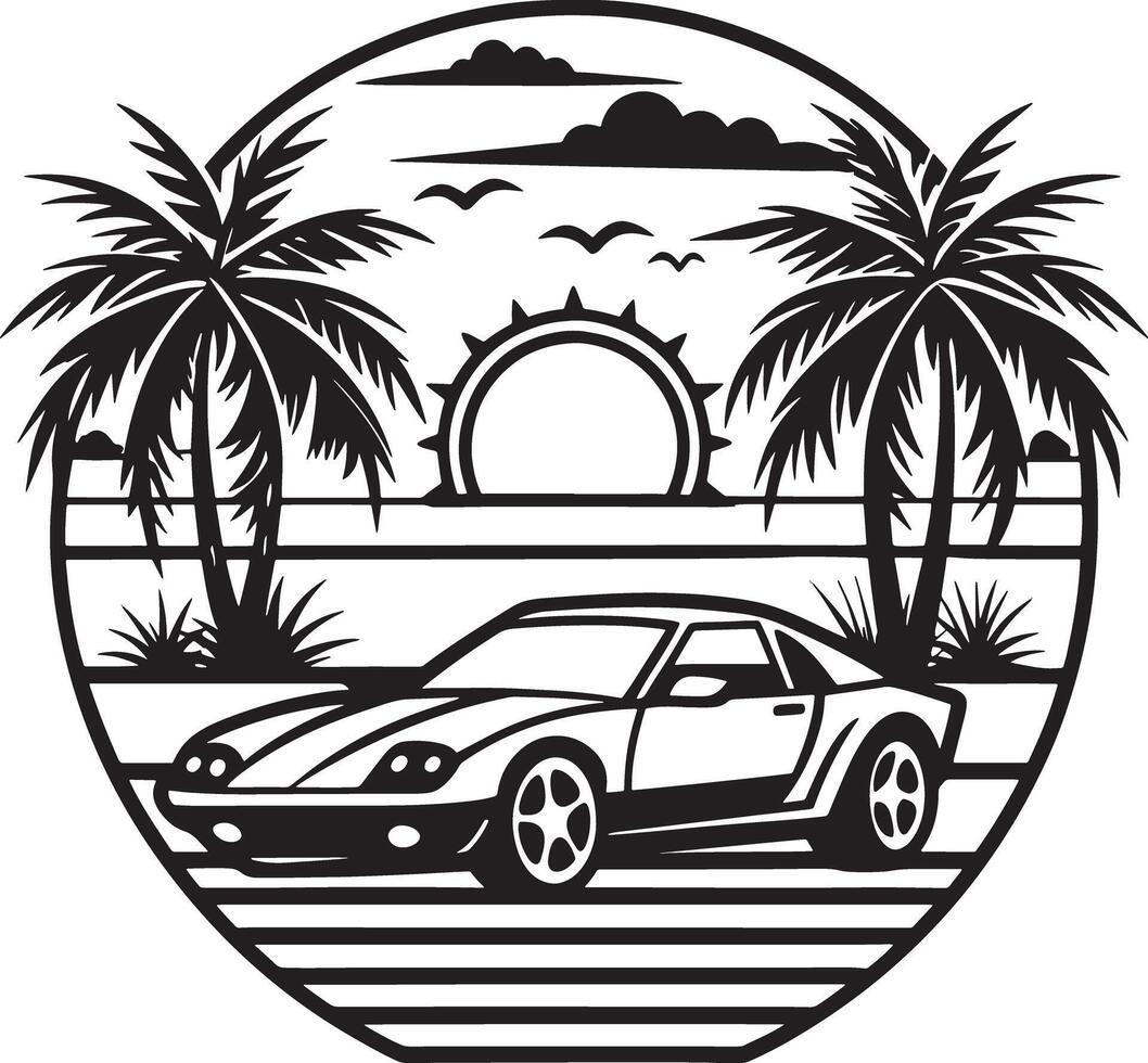 car on the beach with plam tree illustration black and white vector