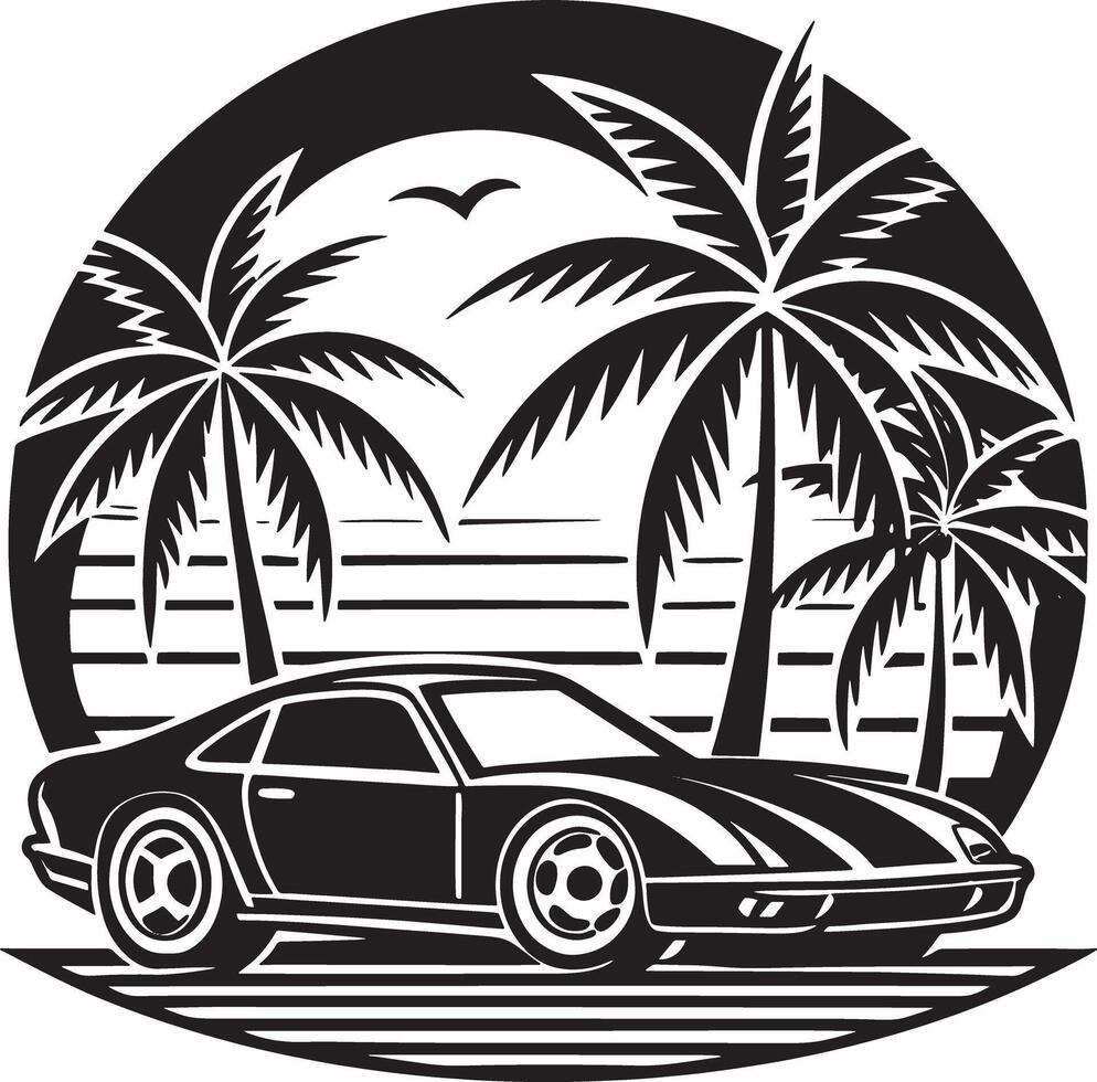 car on the beach with plam tree illustration black and white vector