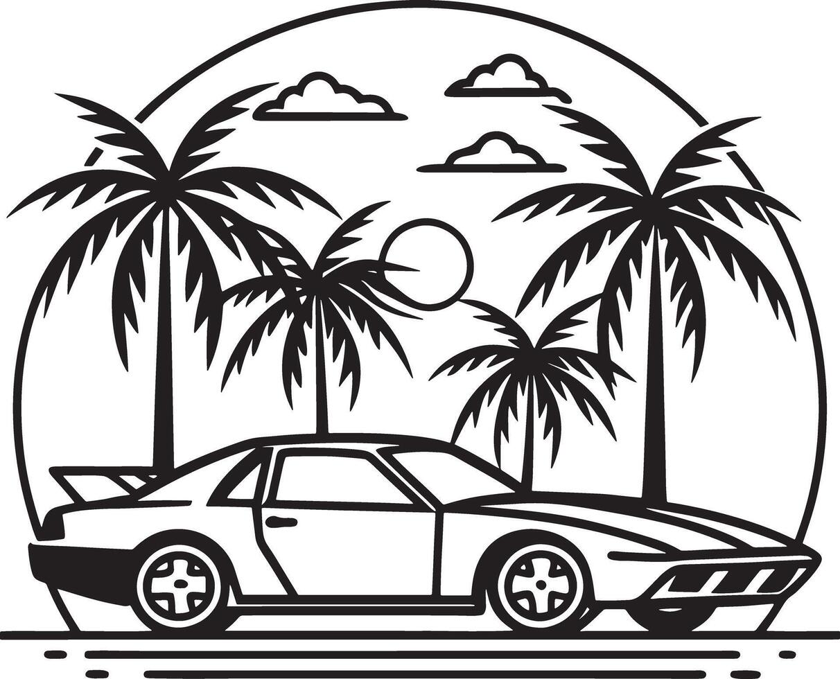 car on the beach with plam tree illustration black and white vector