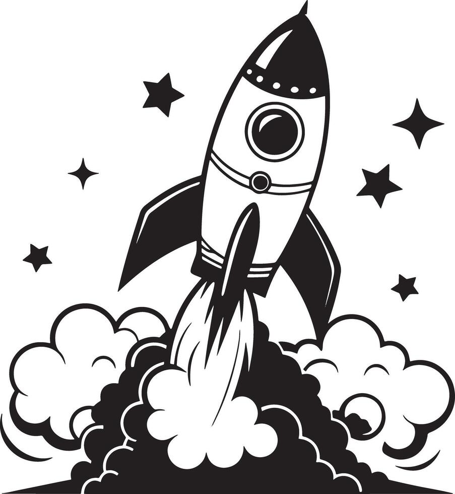 rocket in space illustraation black and white vector