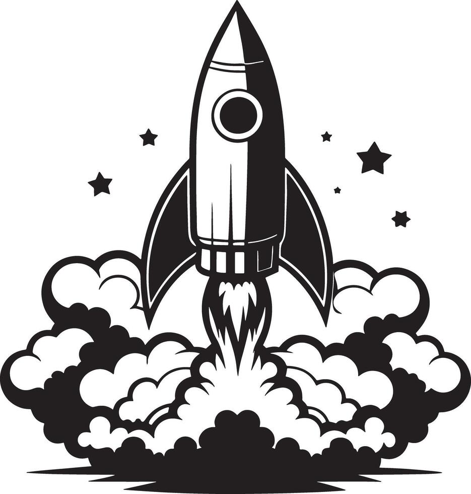 rocket in space illustraation black and white vector