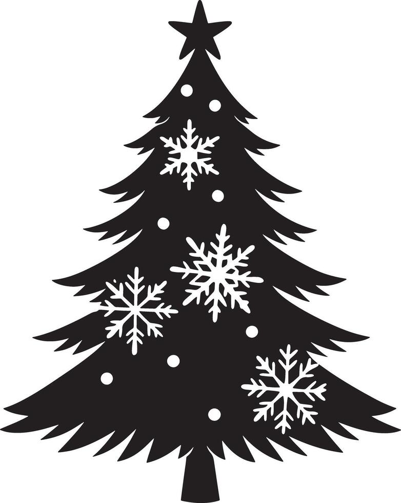 christmas tree with snowflakes illustration black and white vector