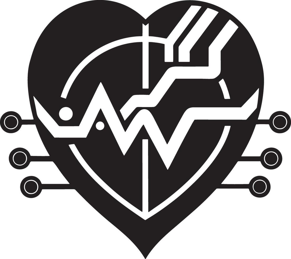 heart with an ECG line illustration black and white vector