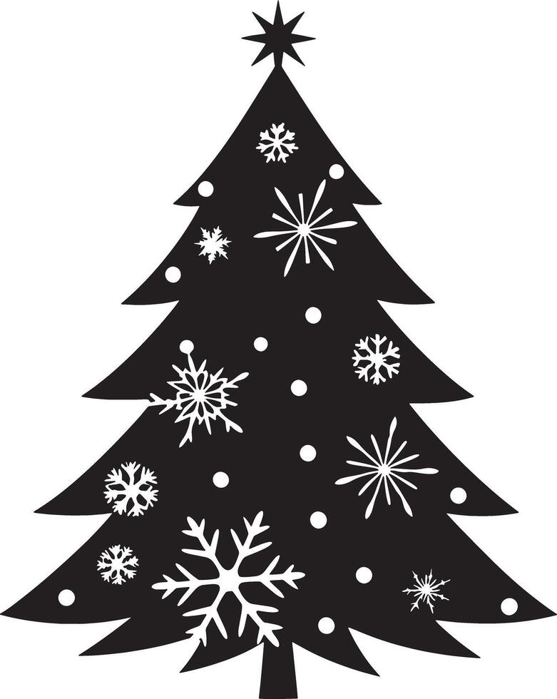 christmas tree with snowflakes illustration black and white vector