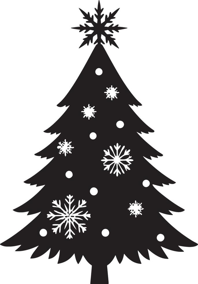 christmas tree with snowflakes illustration black and white vector