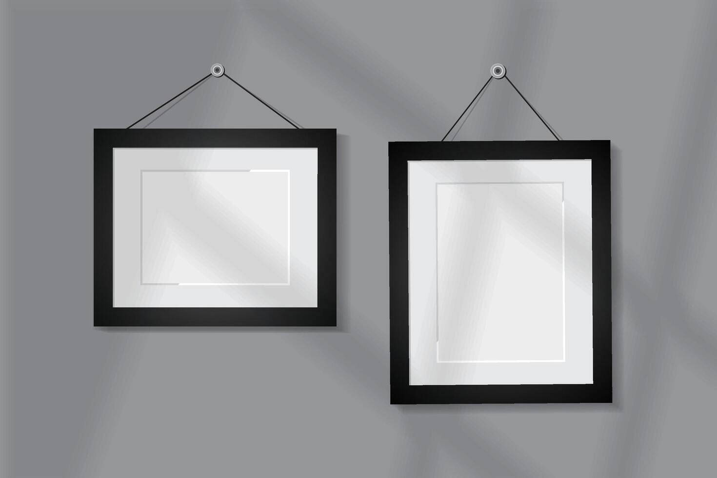 Realistic hanging photo frames gray background vector