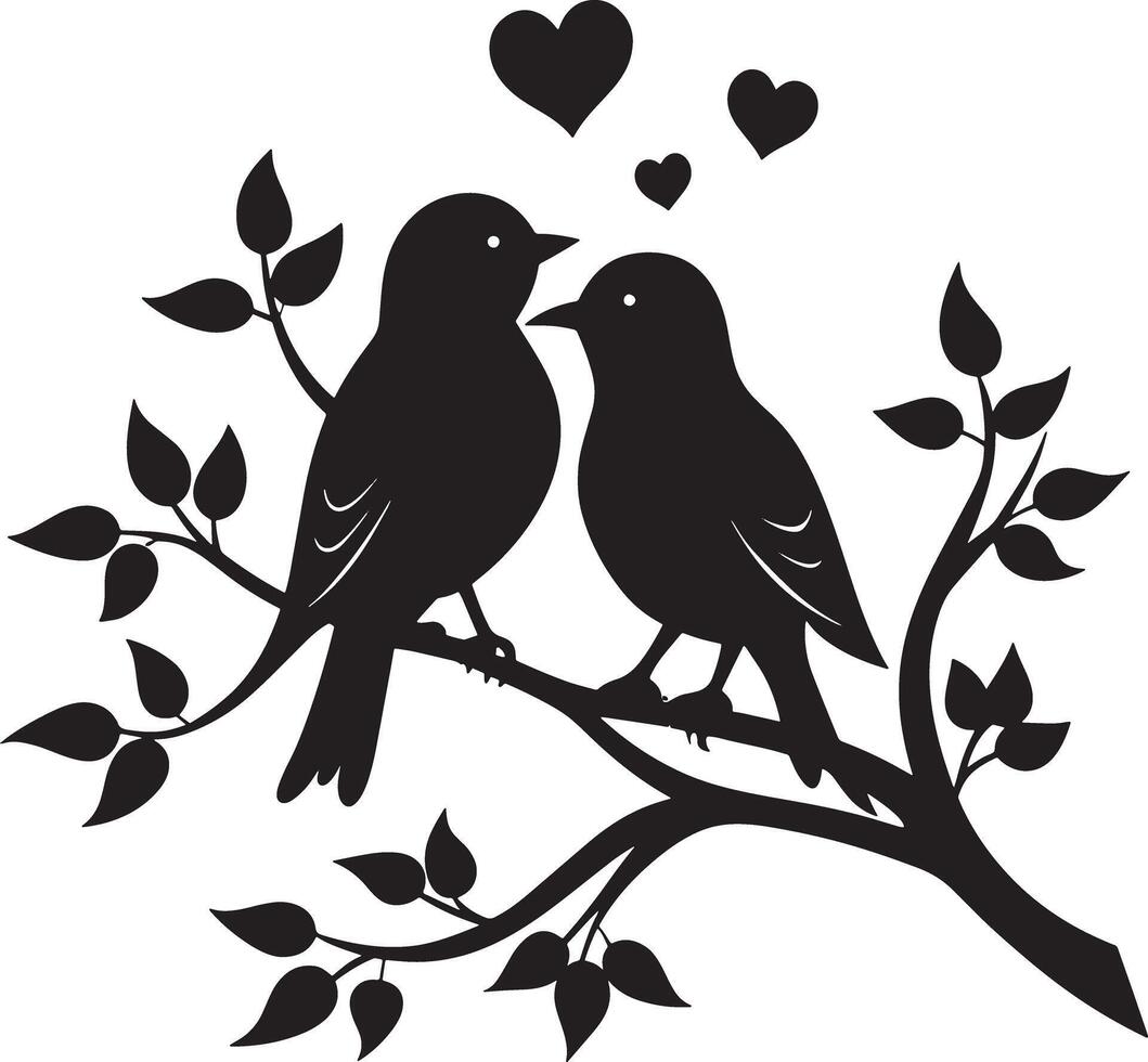 couple birds on branch illustration black and white vector