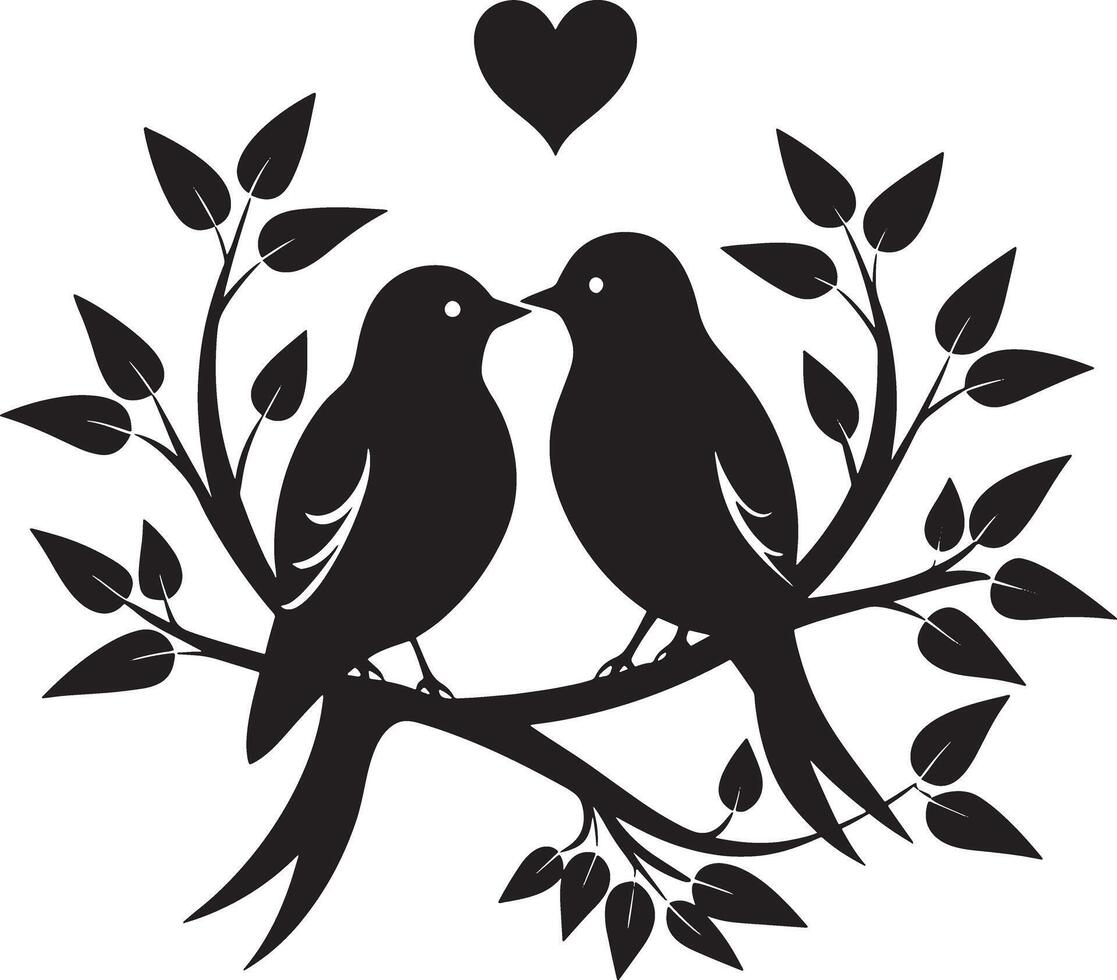 couple birds on branch illustration black and white vector