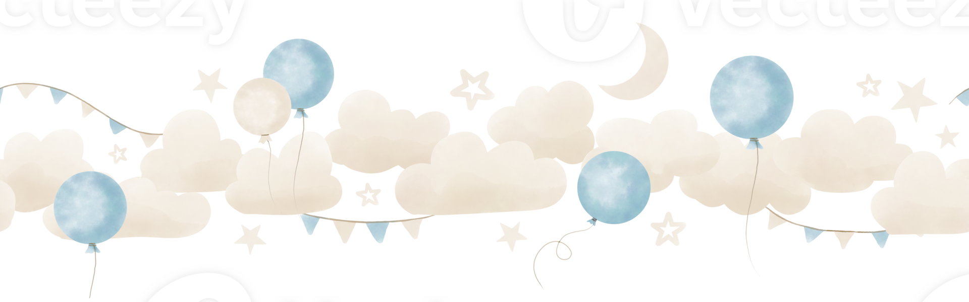 Baby border with Clouds and Balloons in pastel blue and beige colors. Seamless Pattern for girl Nursery wall art or childish greeting cards or holiday invitations. Frame with stars and garlands. png