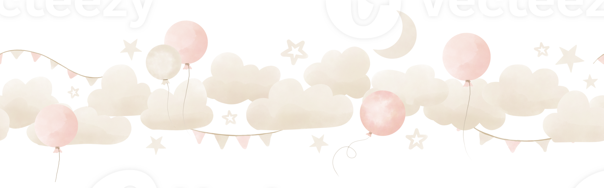 Baby border with Clouds and Balloons in pastel pink and beige colors. Seamless Pattern for girl Nursery wall art or childish greeting cards or holiday invitations. Frame with stars and garlands. png