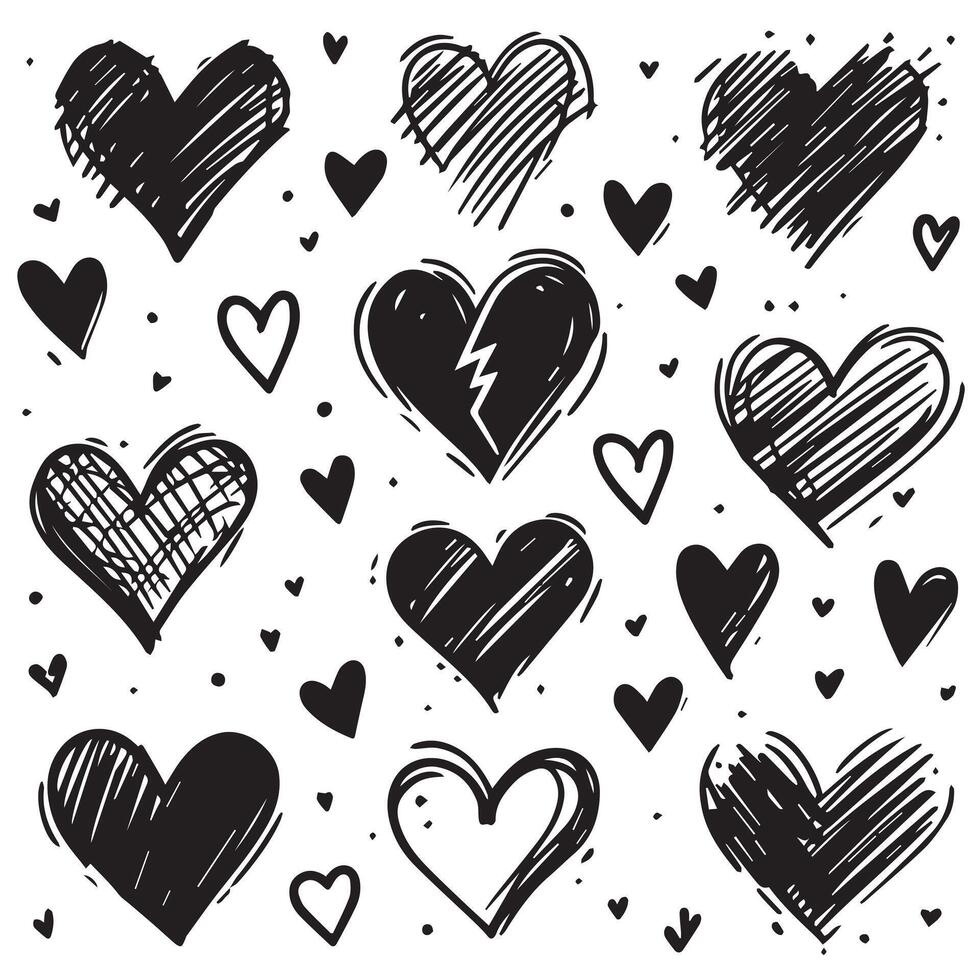 Hand-Drawn Hearts on Clean White Background, Variety of Shapes and Sizes vector