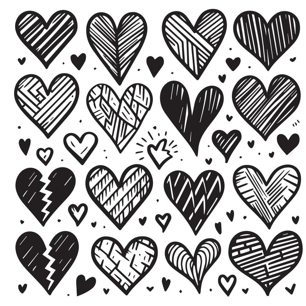 Hand-Drawn Hearts on Clean White Background, Variety of Shapes and Sizes vector