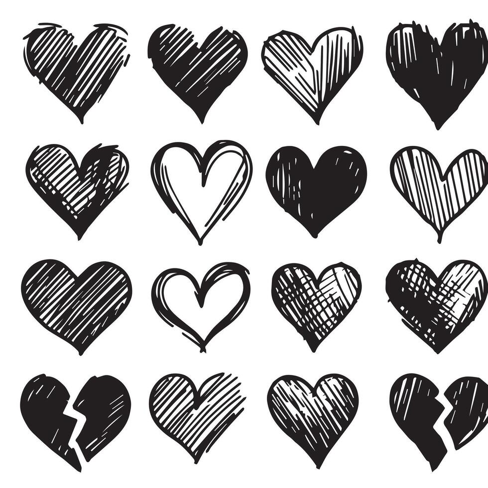Hand-Drawn Hearts on Clean White Background, Variety of Shapes and Sizes vector