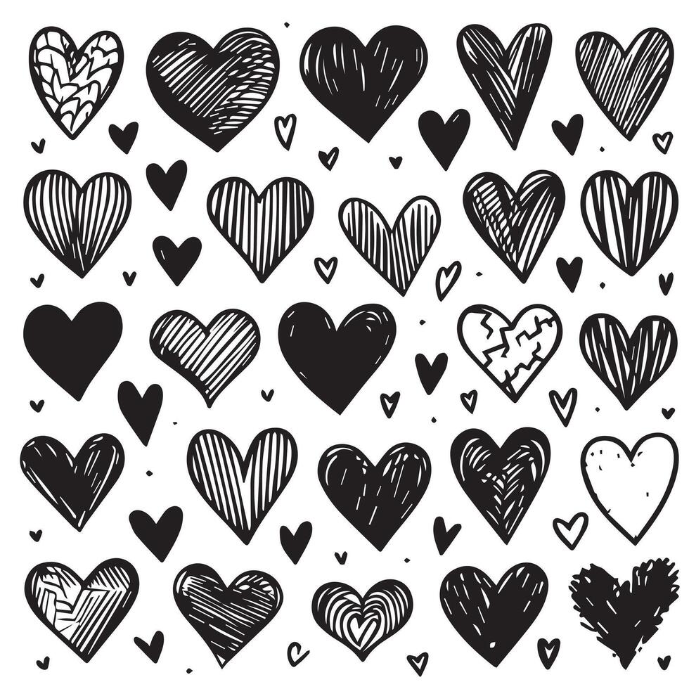 Hand-Drawn Hearts on Clean White Background, Variety of Shapes and Sizes vector