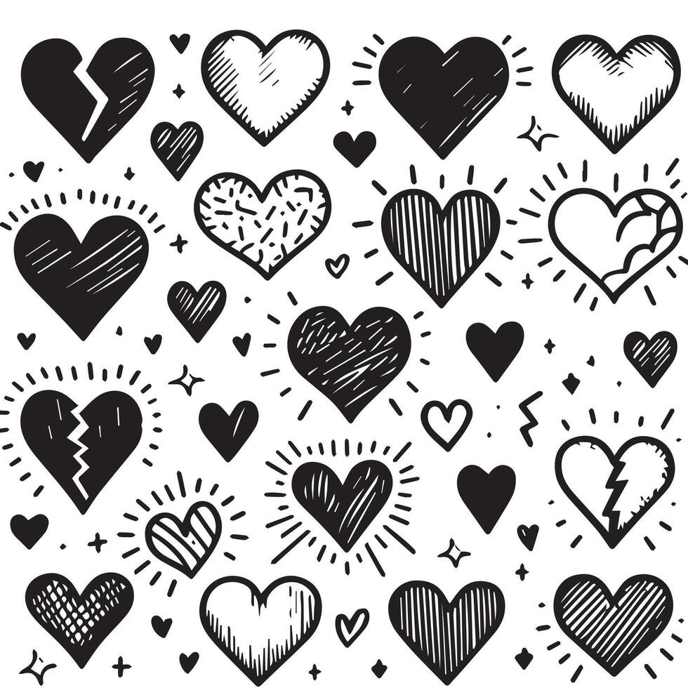 Hand-Drawn Hearts on Clean White Background, Variety of Shapes and Sizes vector