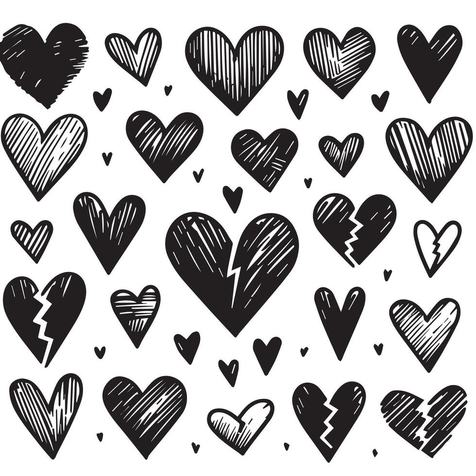 Hand-Drawn Hearts on Clean White Background, Variety of Shapes and Sizes vector