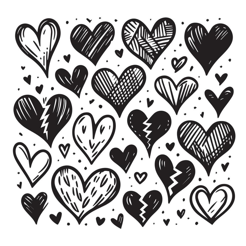 Hand-Drawn Hearts on Clean White Background, Variety of Shapes and Sizes vector