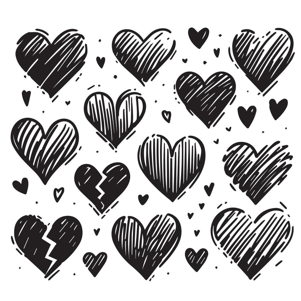 Hand-Drawn Hearts on Clean White Background, Variety of Shapes and Sizes vector