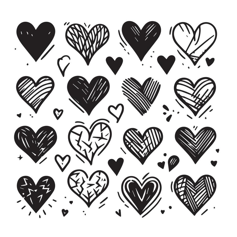 Hand-Drawn Hearts on Clean White Background, Variety of Shapes and Sizes vector