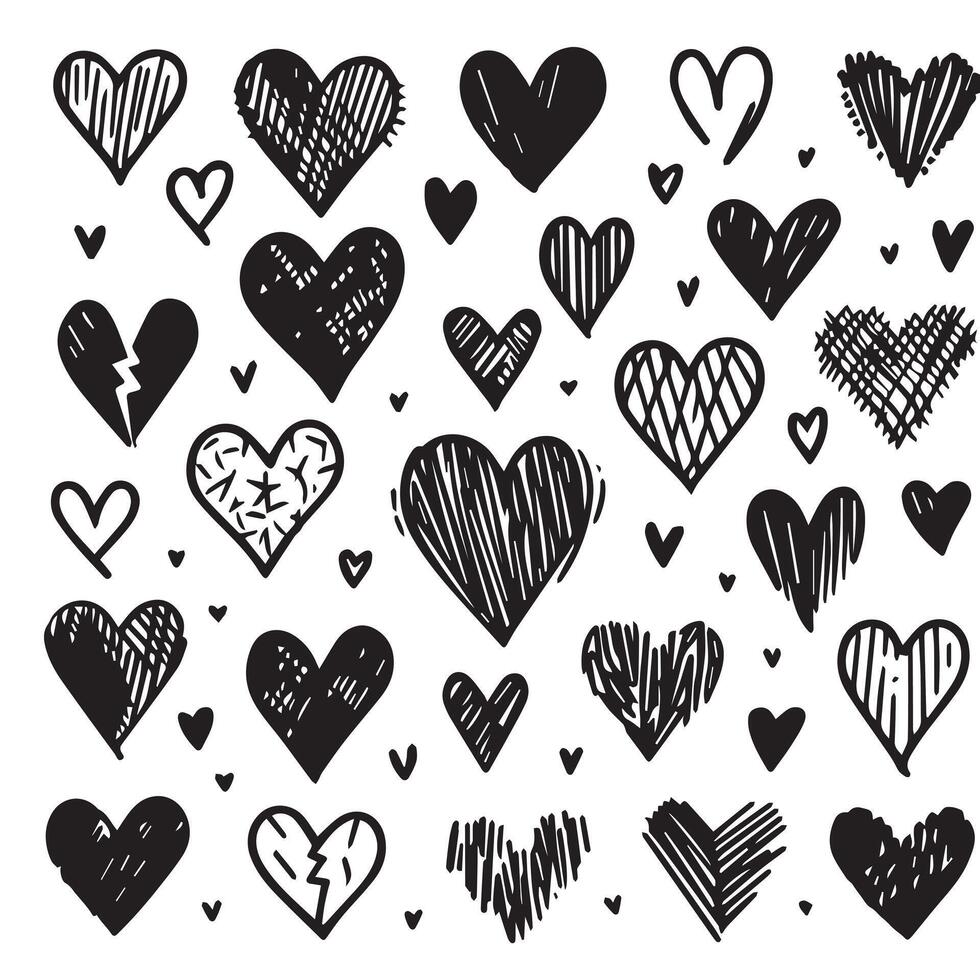 Hand-Drawn Hearts on Clean White Background, Variety of Shapes and Sizes vector