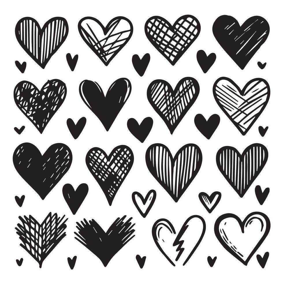 Hand-Drawn Hearts on Clean White Background, Variety of Shapes and Sizes vector