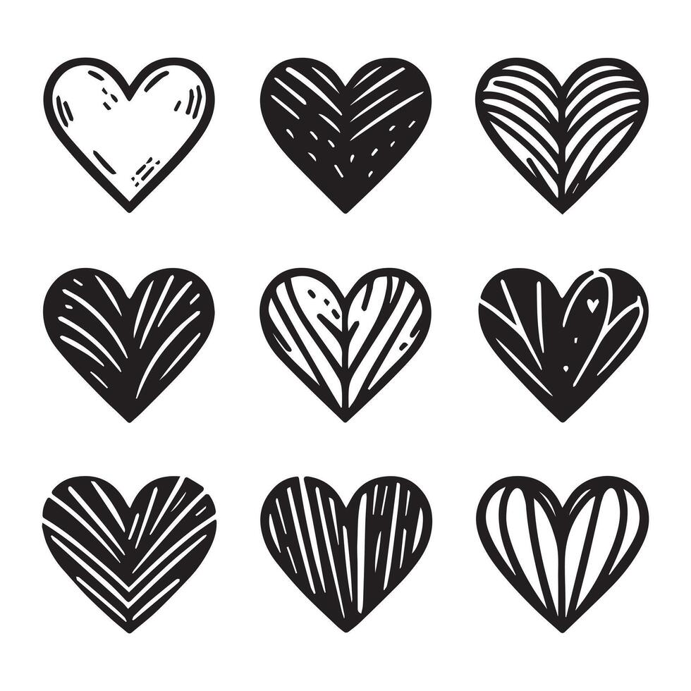 Hand-Drawn Hearts on Clean White Background, Variety of Shapes and Sizes vector