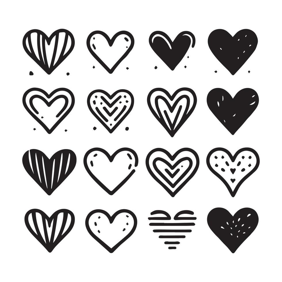 Hand-Drawn Hearts on Clean White Background, Variety of Shapes and Sizes vector