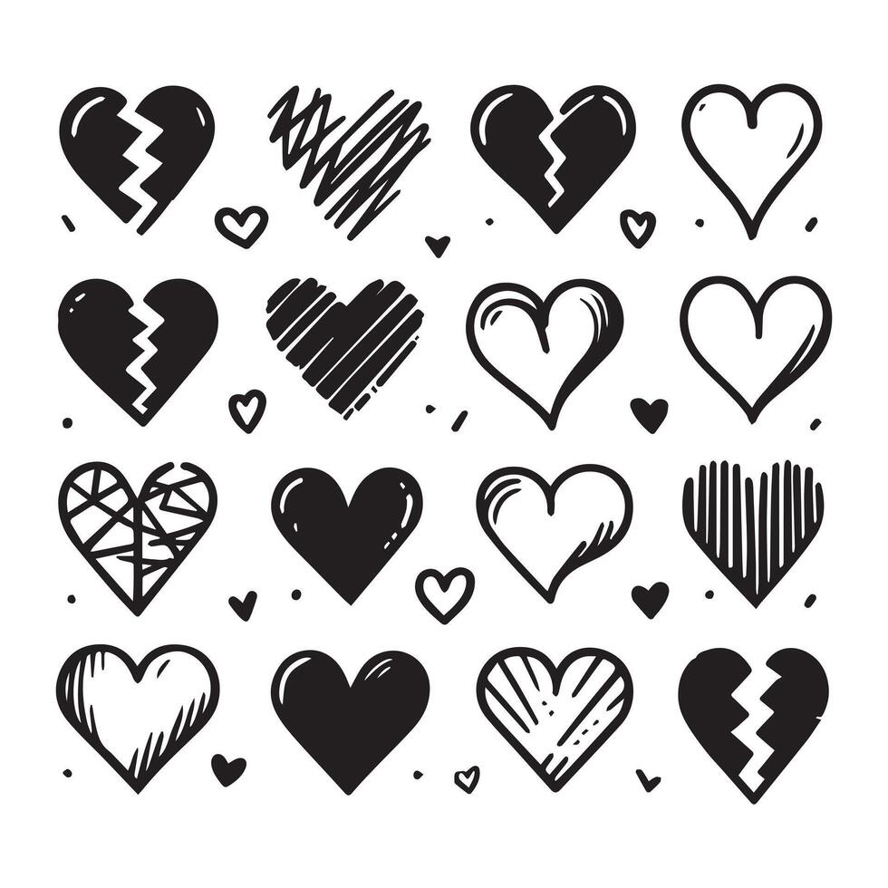 Hand-Drawn Hearts on Clean White Background, Variety of Shapes and Sizes vector