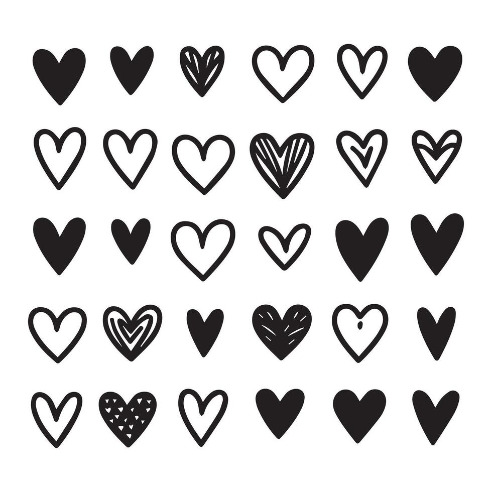 Hand-Drawn Hearts on Clean White Background, Variety of Shapes and Sizes vector