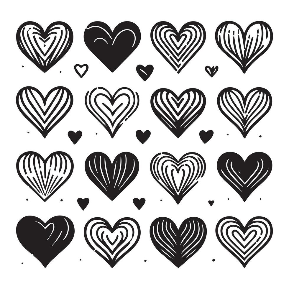 Hand-Drawn Hearts on Clean White Background, Variety of Shapes and Sizes vector