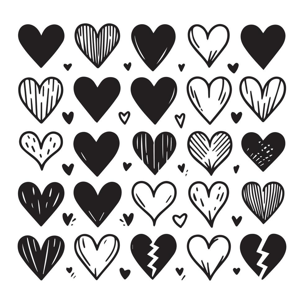 Hand-Drawn Hearts on Clean White Background, Variety of Shapes and Sizes vector
