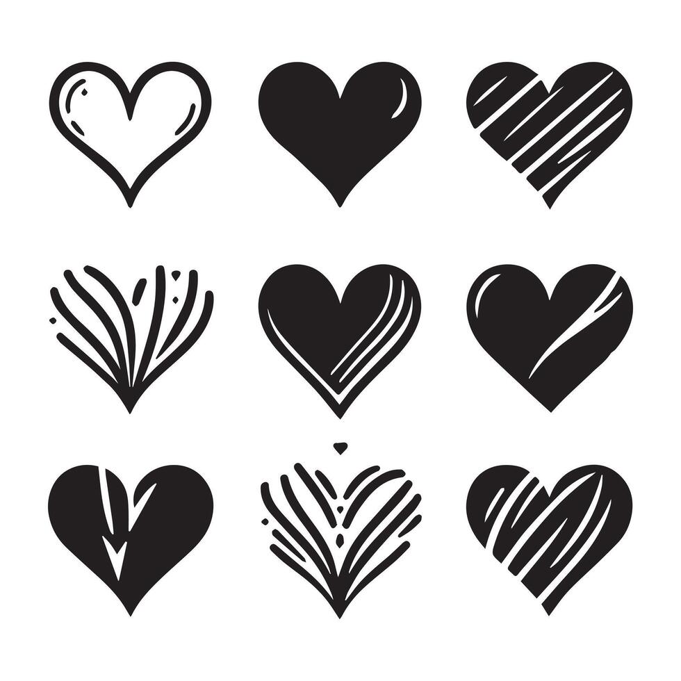 Hand-Drawn Hearts on Clean White Background, Variety of Shapes and Sizes vector
