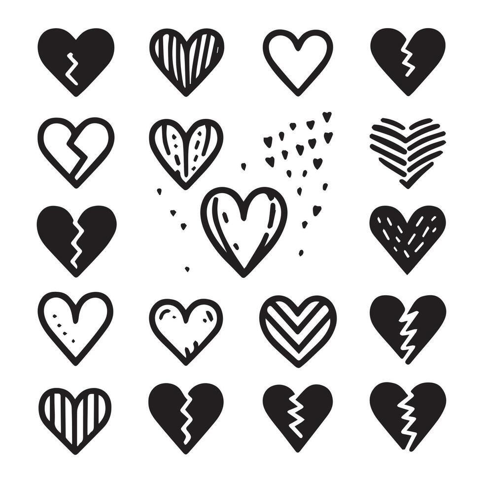 Hand-Drawn Hearts on Clean White Background, Variety of Shapes and Sizes vector